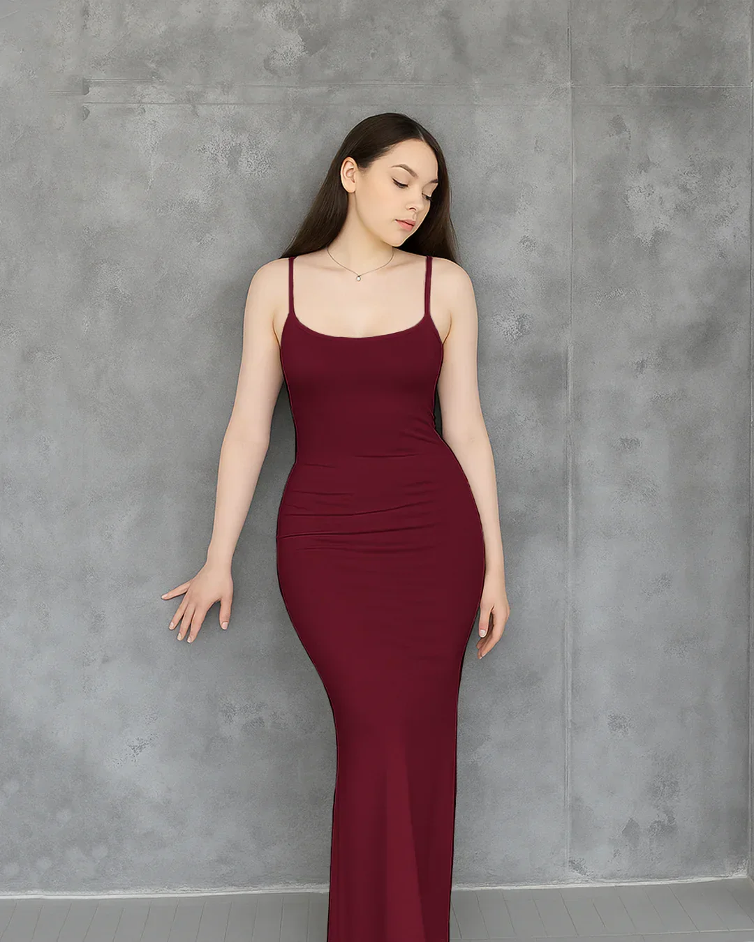Solid Burgundy Contour Maxi Dress With Thin Straps - Image 4