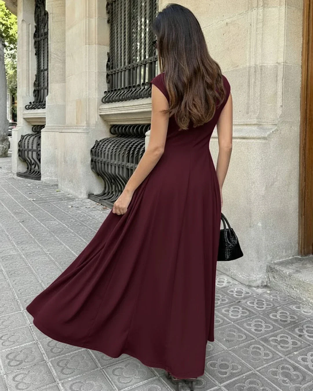 Solid Burgundy Crew Neck Fit & Flare Maxi Dress - Image 2