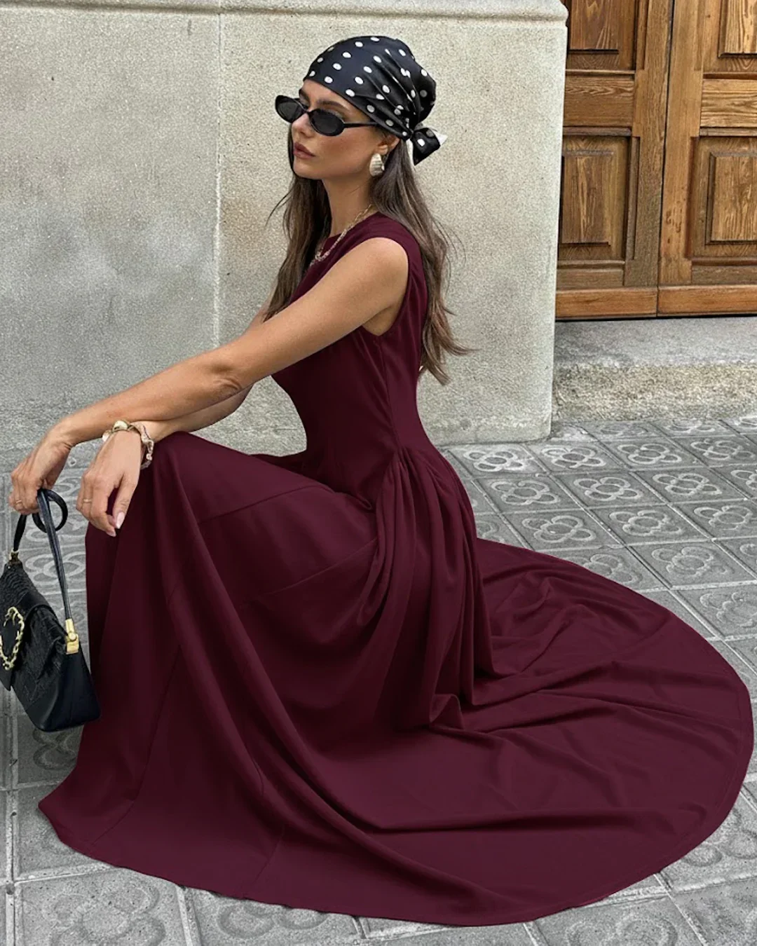 Solid Burgundy Crew Neck Fit & Flare Maxi Dress - Image 3