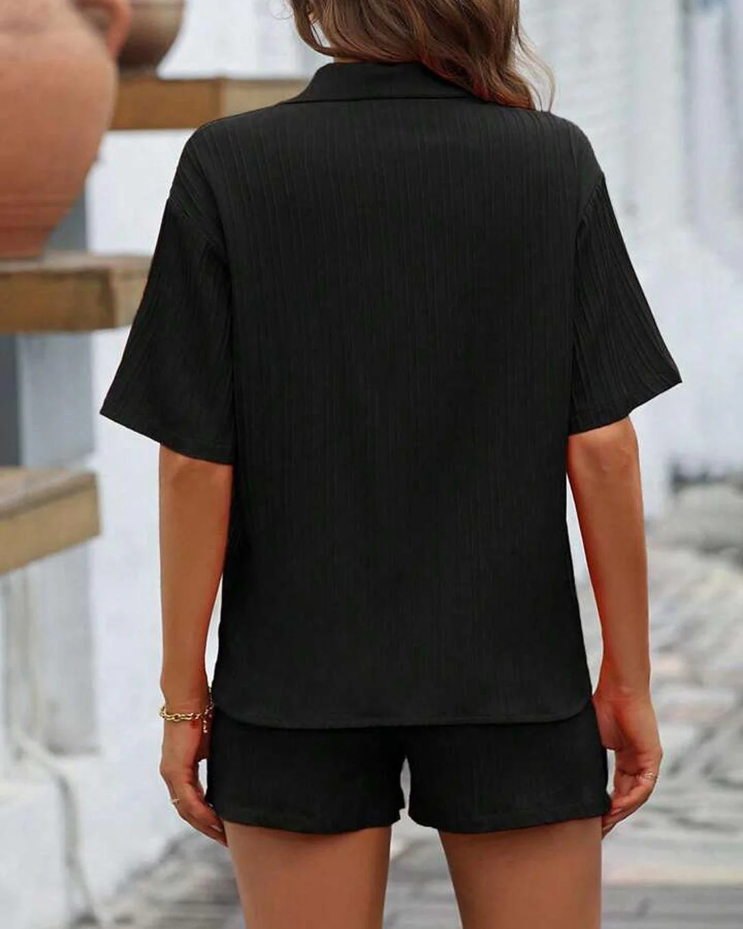 Solid Button Front Shirt and  Short Set In Black - Image 4