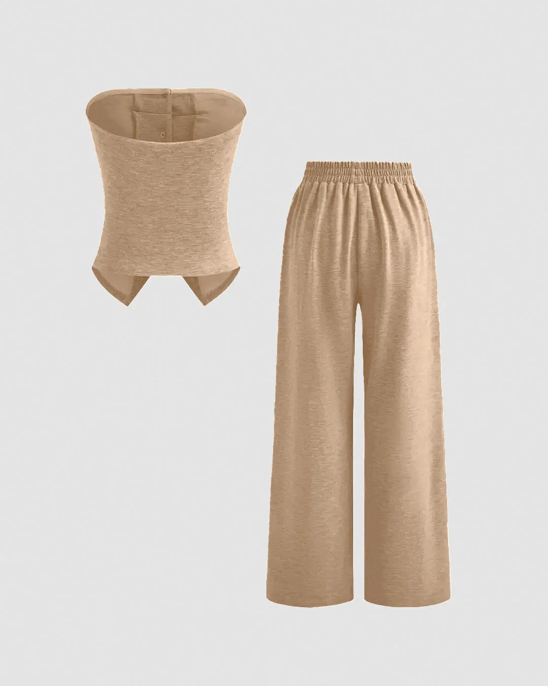 Solid Button Sleeveless Top With Solid Wide Leg Trousers In Tanin Brown - Image 2