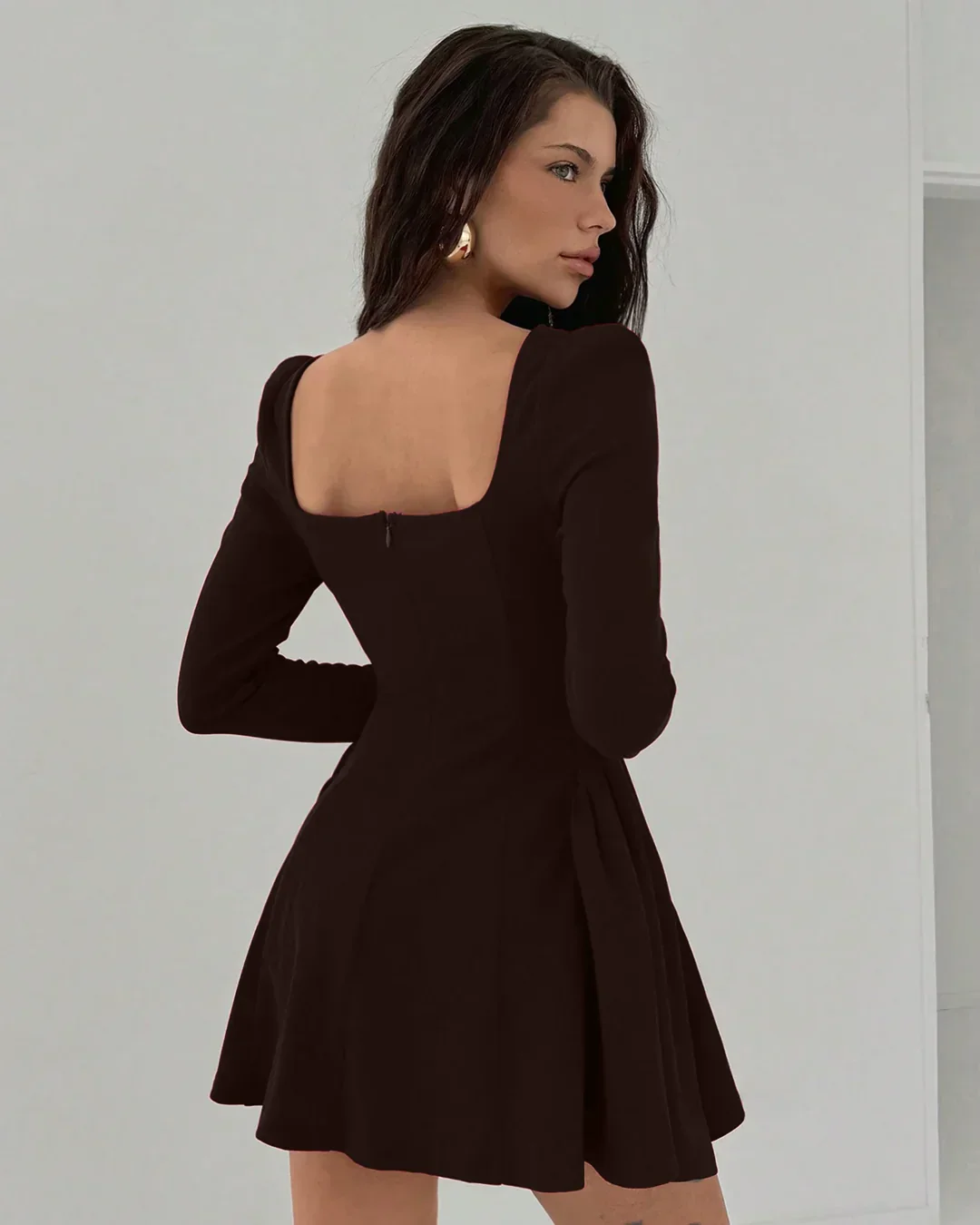Solid Coffee Square Neck A-Line Peplum Mini Dress - Image 2