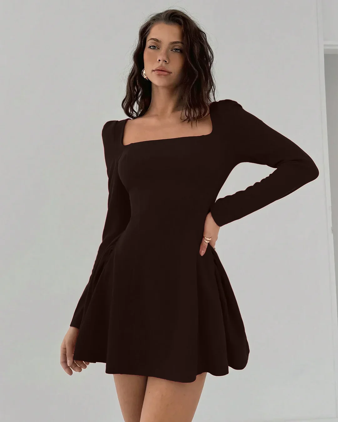 Solid Coffee Square Neck A-Line Peplum Mini Dress - Image 3