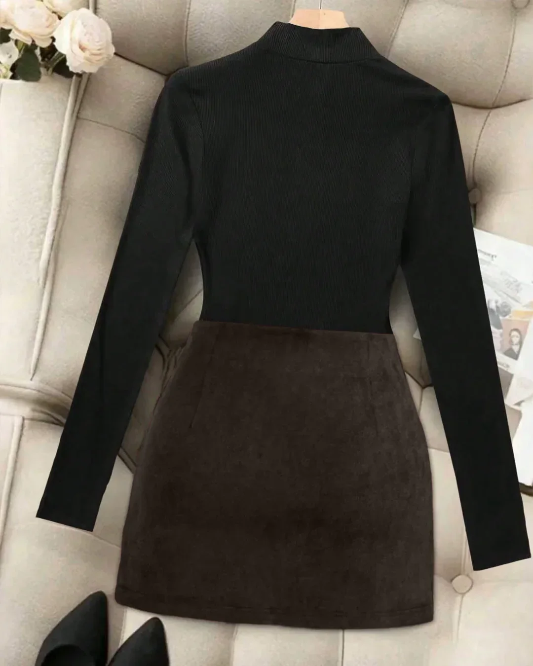 Solid Collar Long Sleeve Fitted Top & Midi Skirt Two-Piece Set - Image 2