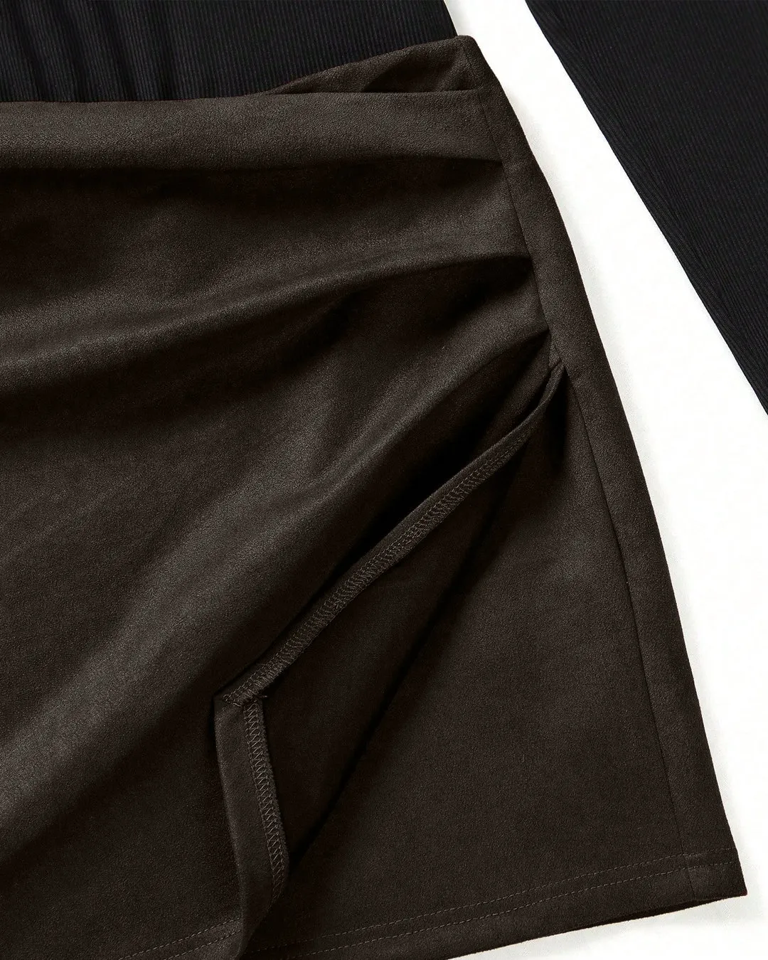 Solid Collar Long Sleeve Fitted Top & Midi Skirt Two-Piece Set - Image 3