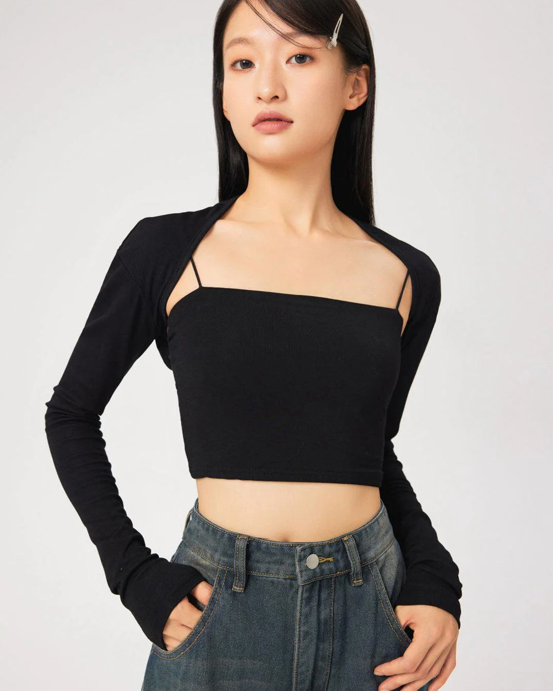 Stretch Full Sleeve Cropped Shrug in Black - Image 3