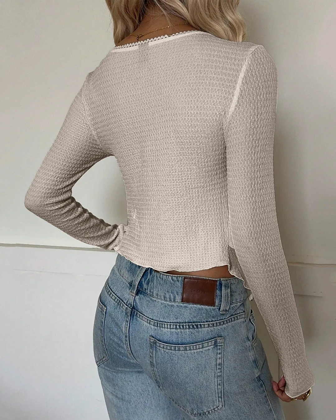 Solid Color Asymmetric Hem Long Sleeve Top in Light Grey - Image 2
