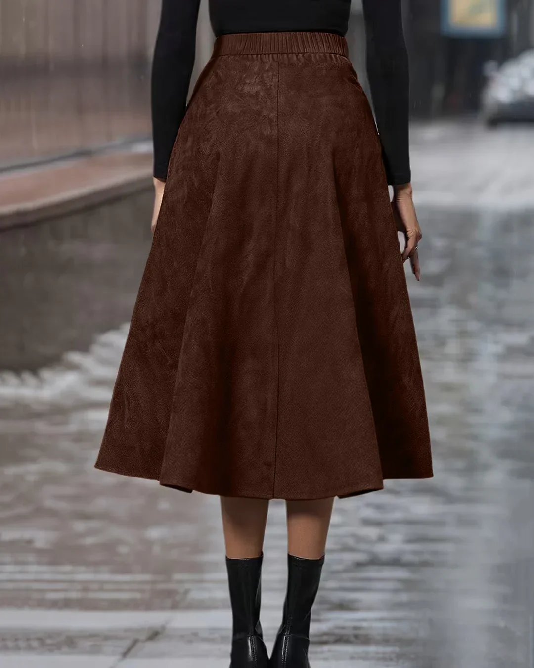 Solid Color Asymmetric Hem Ruffle Slim Fit Skirt in Brown - Image 2