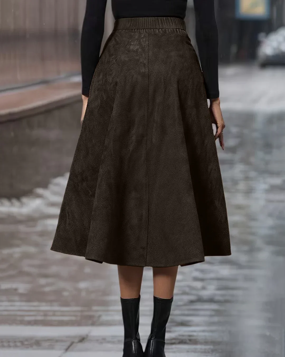 Solid Color Asymmetric Hem Ruffle Slim Fit Skirt in Dark Brown - Image 2