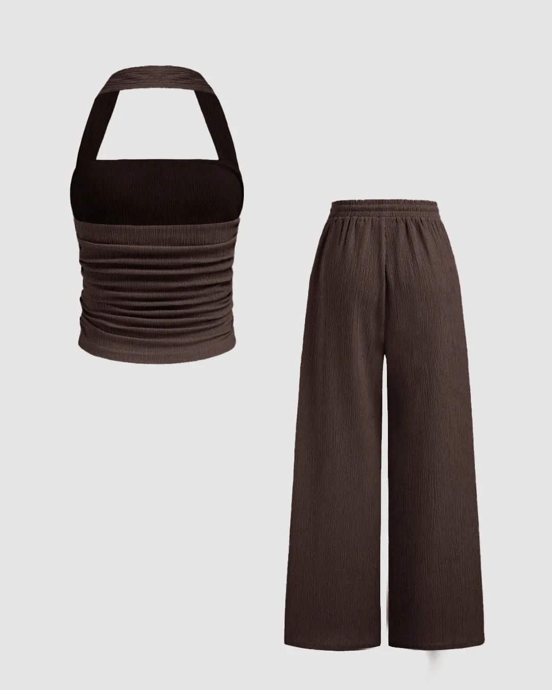 Solid Color Back Cut Tank Top & Wide Leg Pants Set In Brown - Image 2