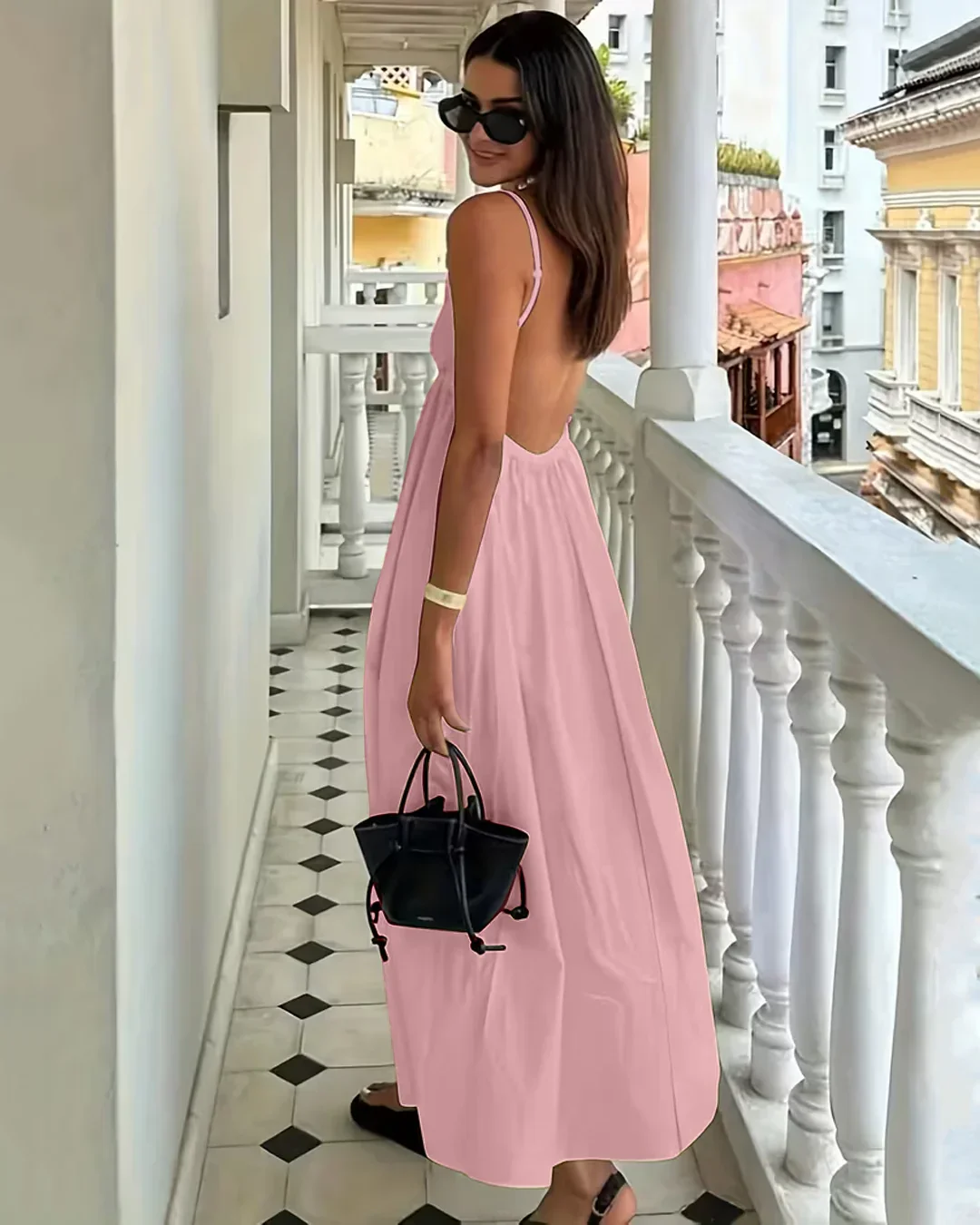 Solid Color Backless Spaghetti Strap Sleeveless Dress in Powder Pink - Image 2