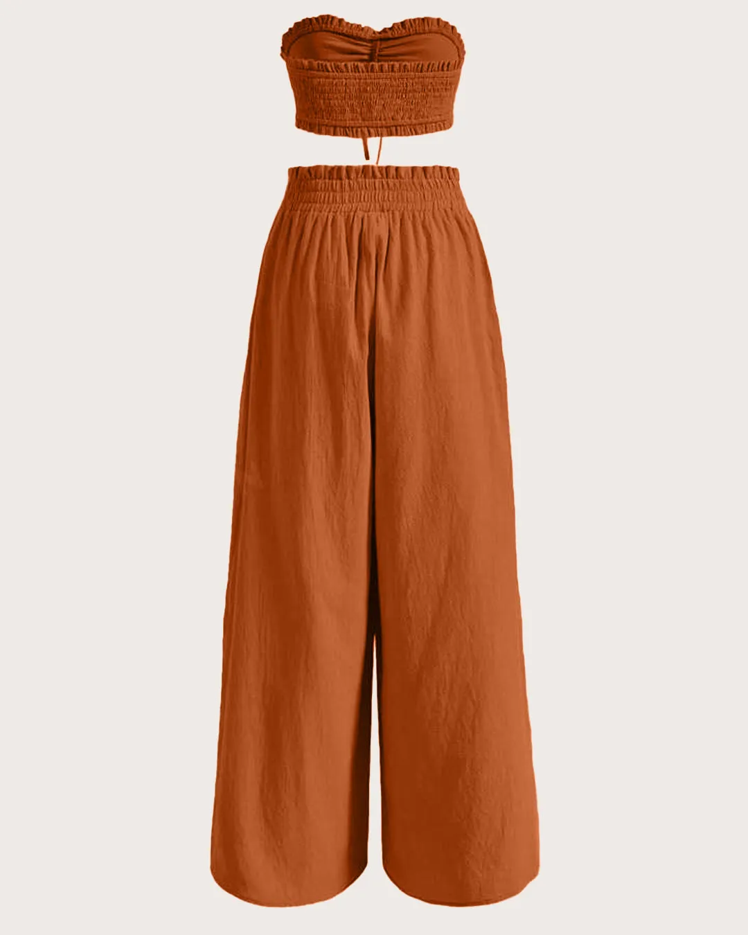 Solid Color Bandeau Top With Pleated Detailing & Wide-Leg Pant Set In Rust Orange - Image 2