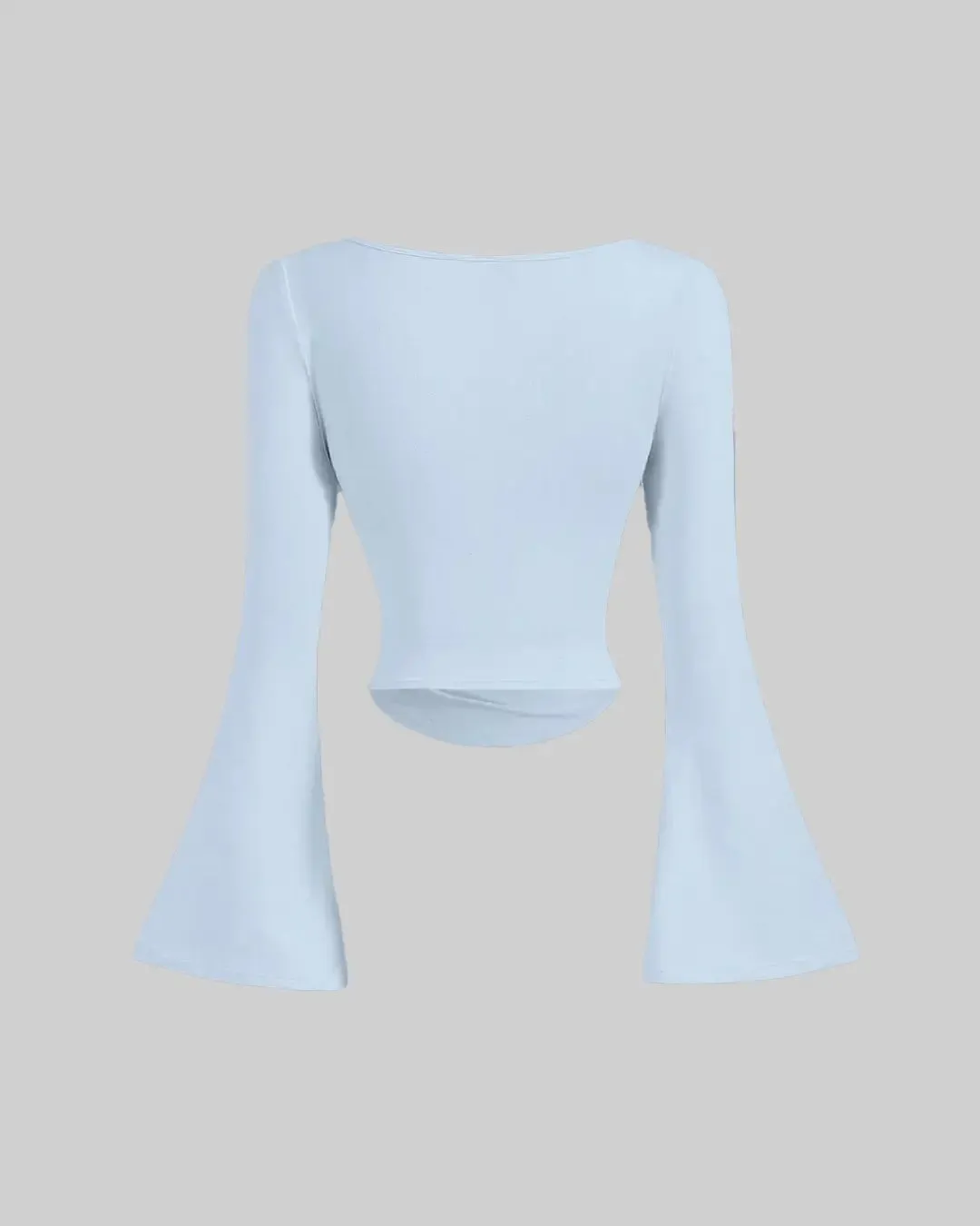 Solid Color Boat Neck Ruched Waist Bell Sleeve Top In Light Blue - Image 2