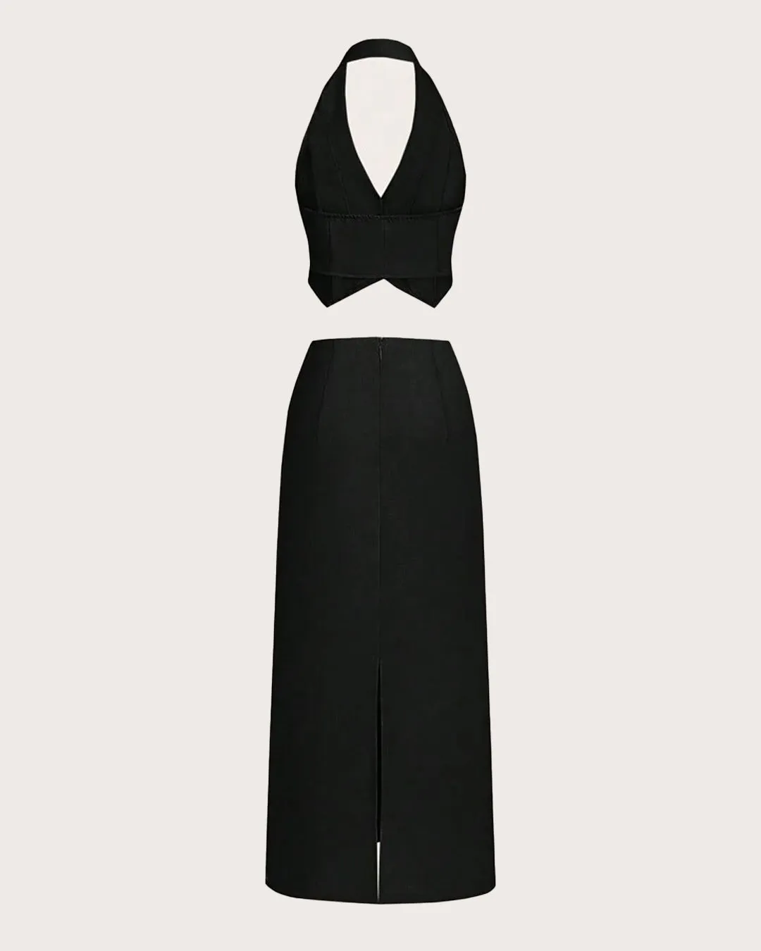 Solid Color Crop Hang Neck Vest & High Slit Straight Skirt - Image 2