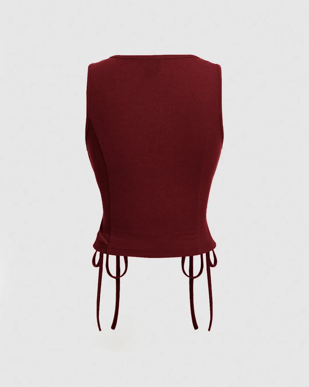 Sleeveless V Neck Button Front Tie-Up Top in Maroon - Image 2