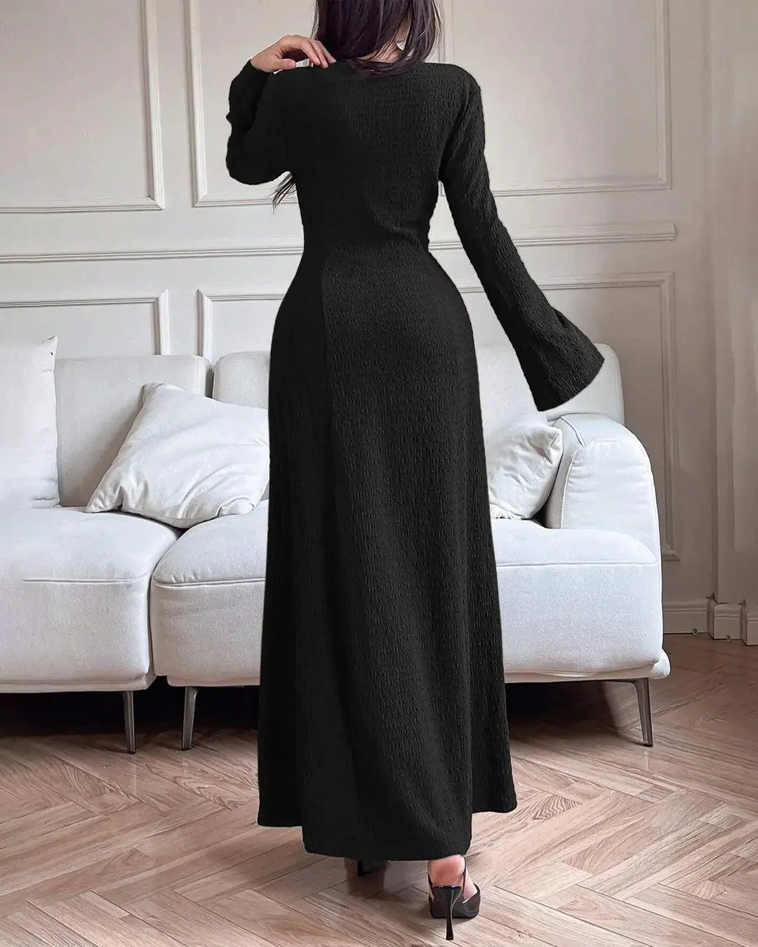 Round Neck Flared Long Black Dress - Image 3