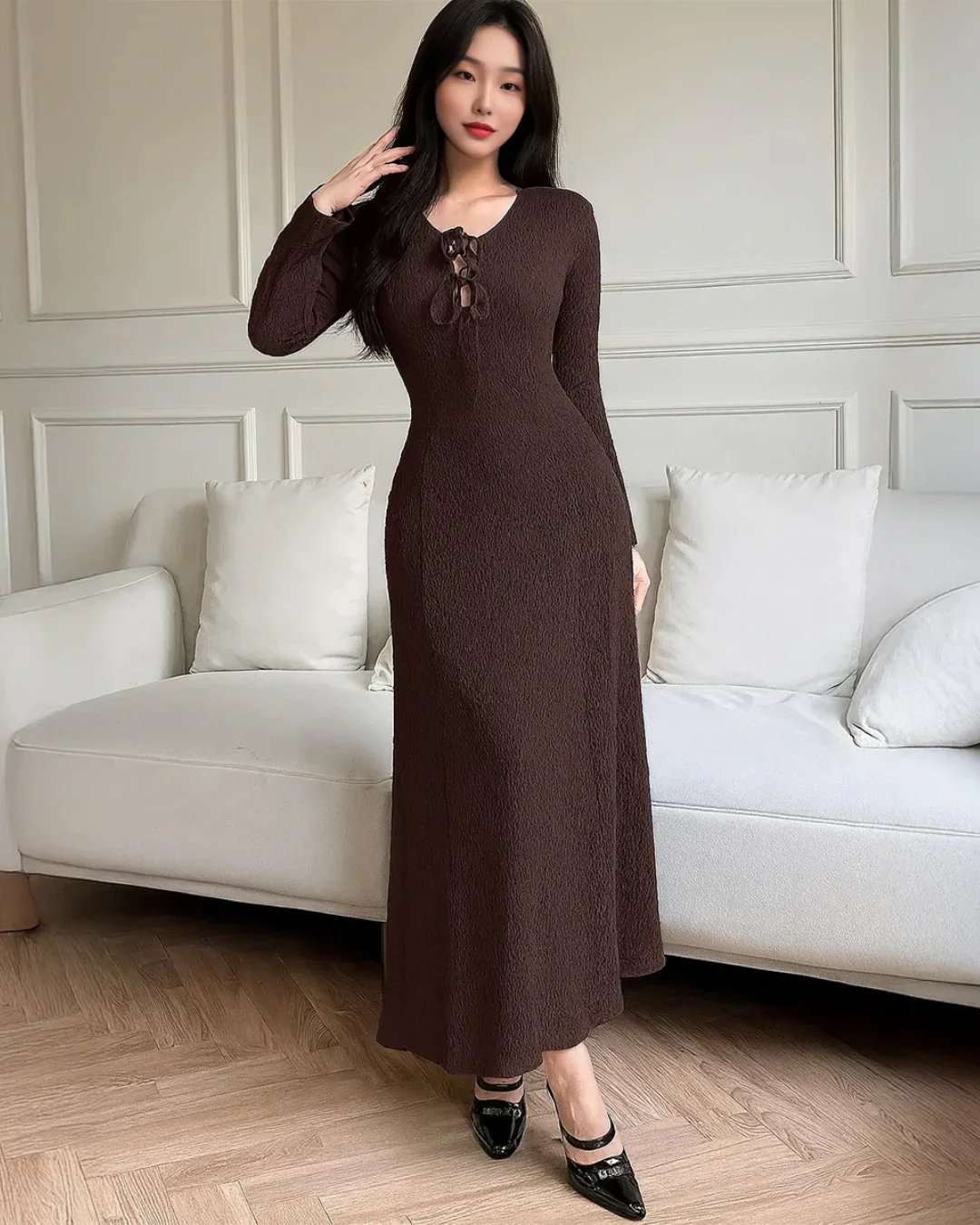 Solid Color Front Tie Long Sleeve Casual Long Dress In Brown - Image 2