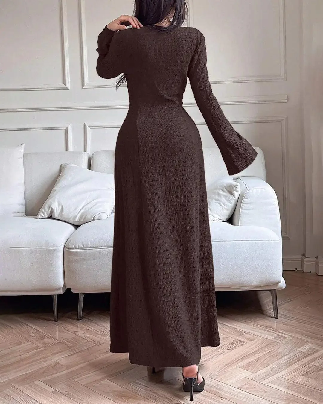 Solid Color Front Tie Long Sleeve Casual Long Dress In Brown - Image 3