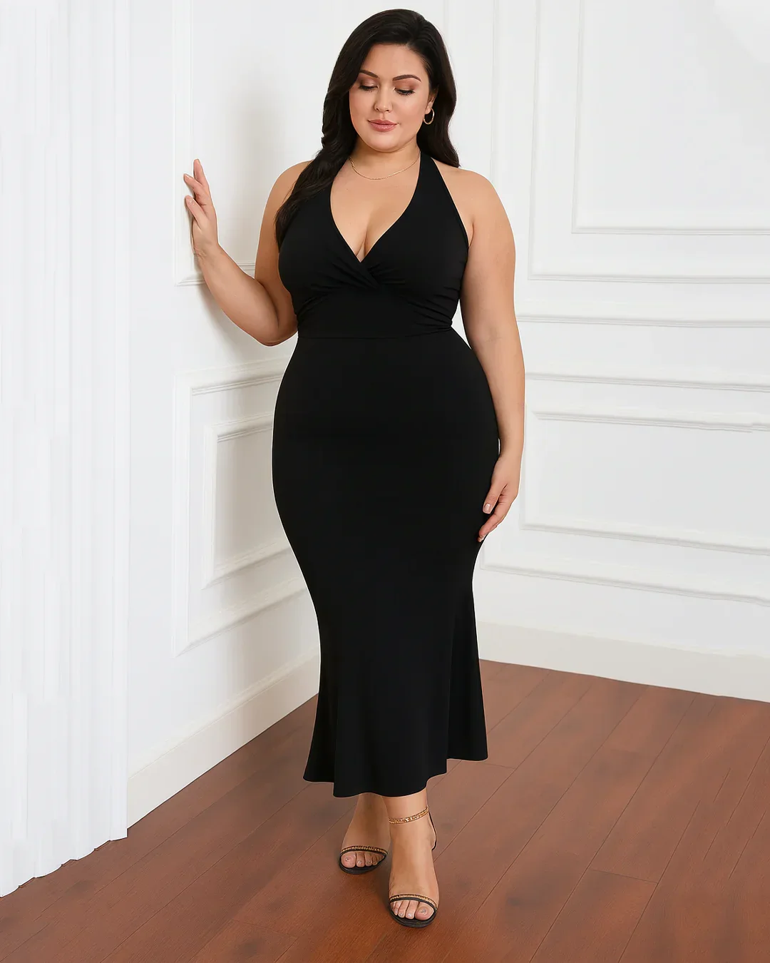 Solid Color Halter Backless Black Mermaid Dress Curve & Plus - Image 3