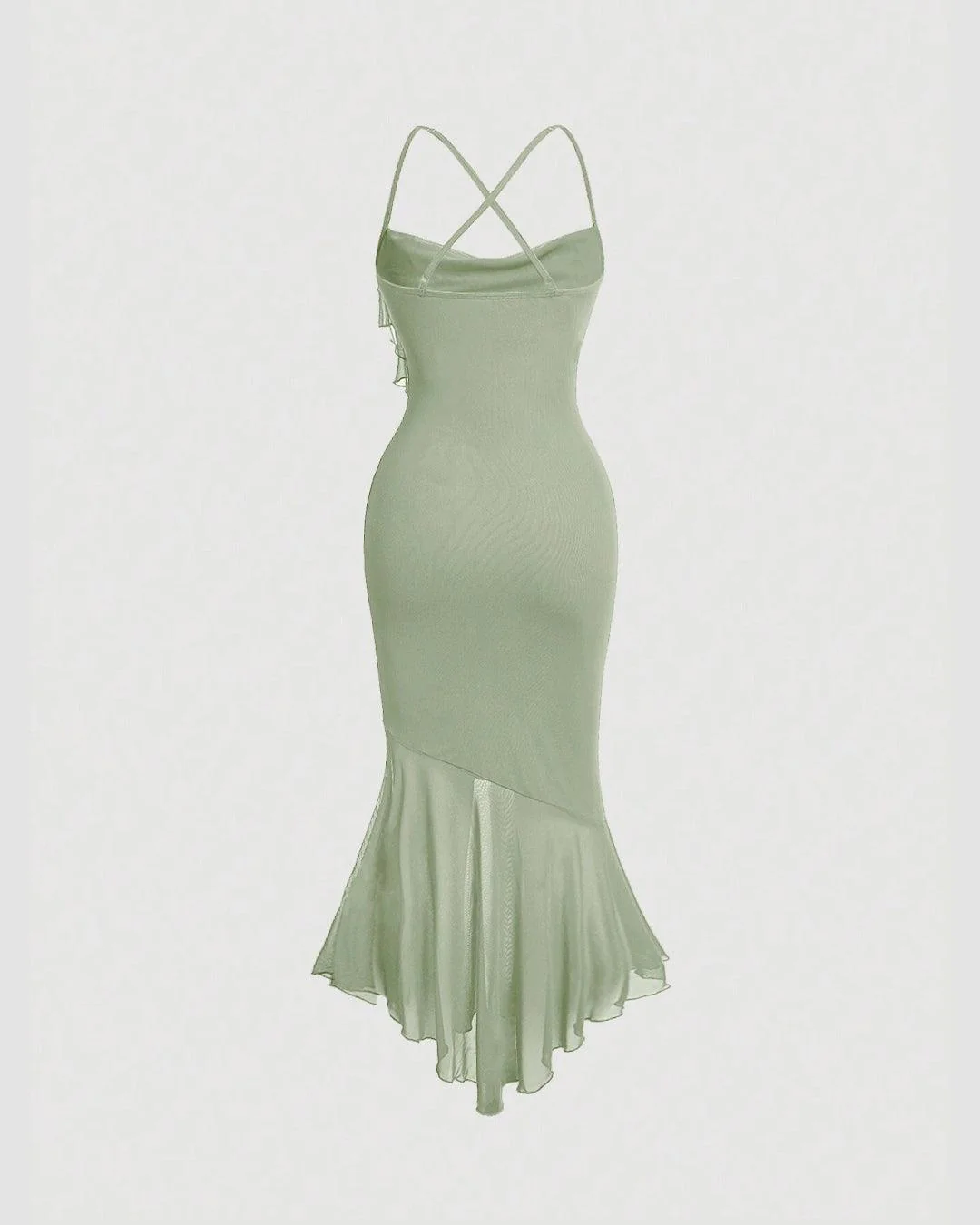 Solid Color High Low Herbal Green Mesh Cami Dress - Image 2