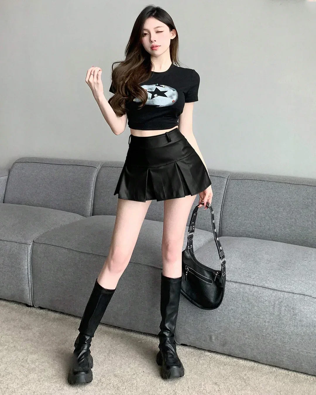 Solid Color Mini Pleated Leather Skirt for Women in Black - Image 3