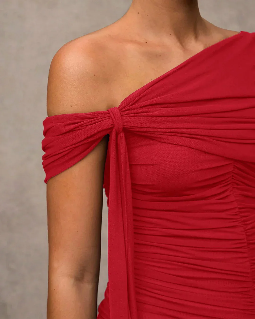 Ruched Asymmetrical Sleeve Maxi Dress in Red - Image 2