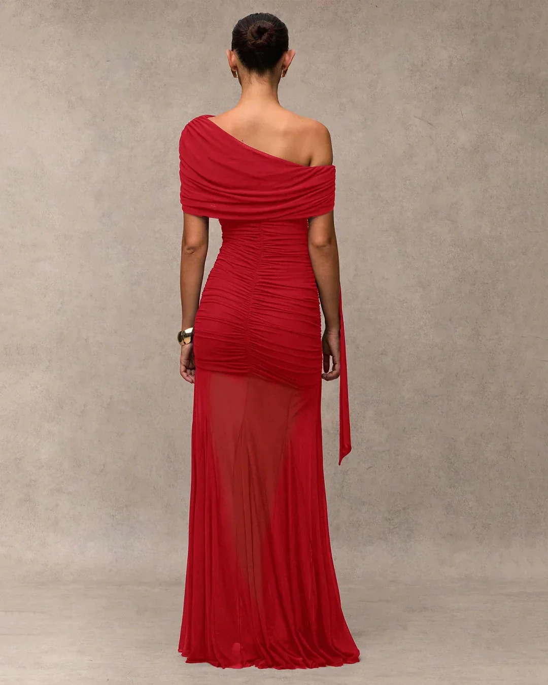 Ruched Asymmetrical Sleeve Maxi Dress in Red - Image 3