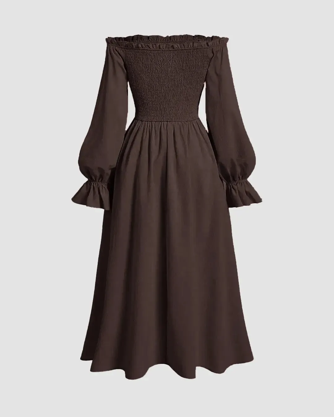 Solid Color Off-Shoulder Cross-Tie Waist Flared Sleeve Dress In Chocolate Brown - Image 2