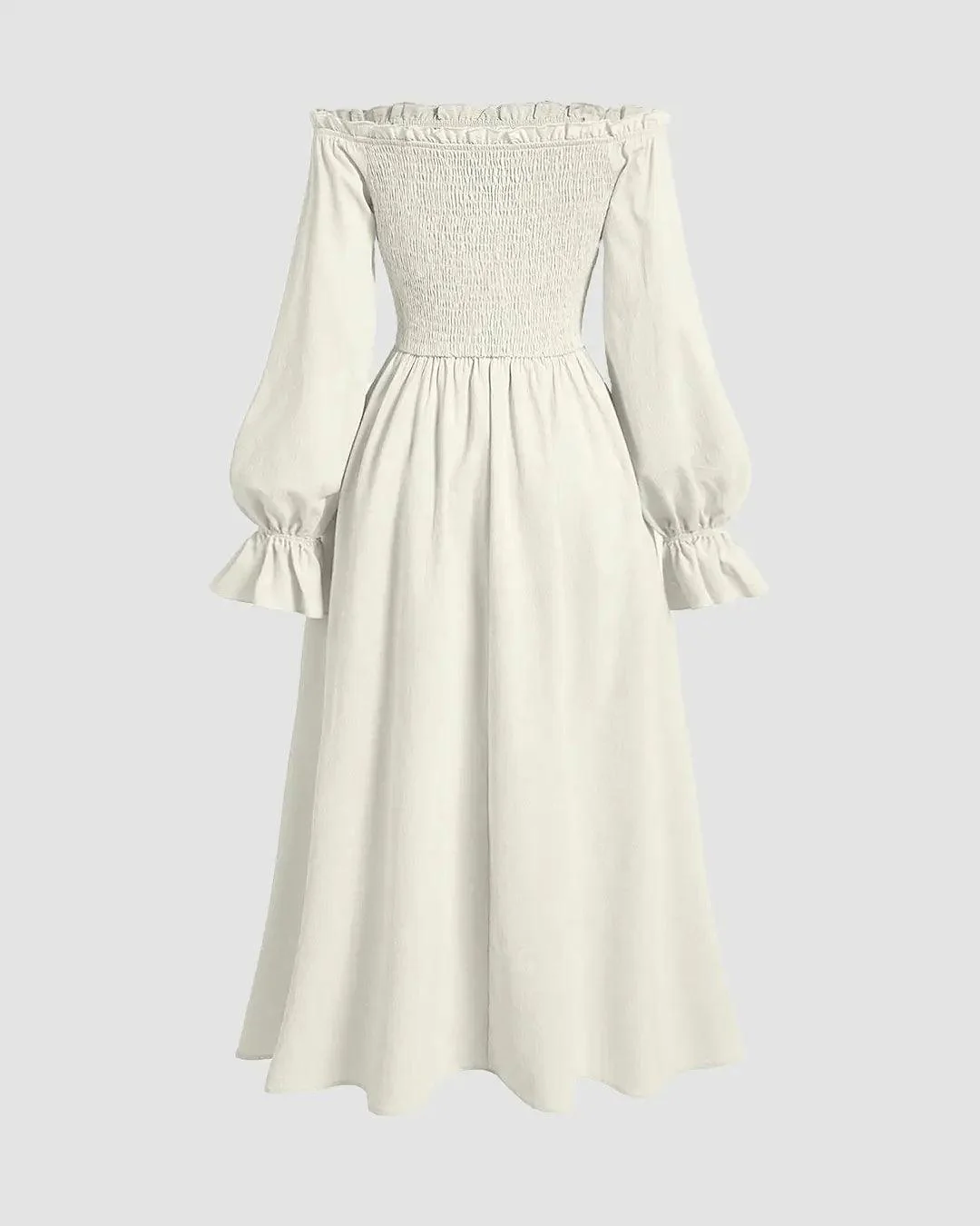 Solid Color Off-Shoulder Cross-Tie Waist Flared Sleeve Dress In Off-White - Image 2