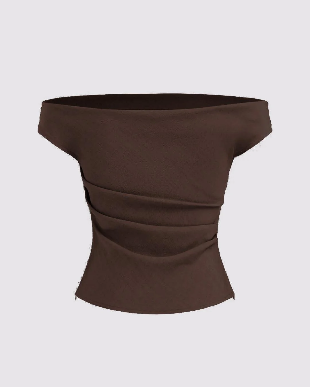 Solid Color Off-Shoulder Ruched Chocolate Brown Top - Image 2