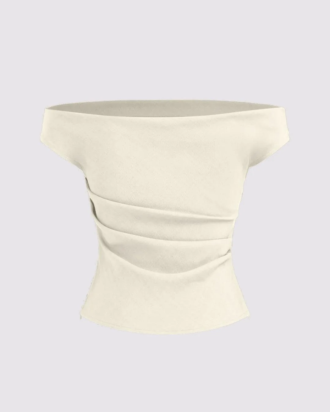 Solid Color Off-Shoulder Ruched Off White Top - Image 3