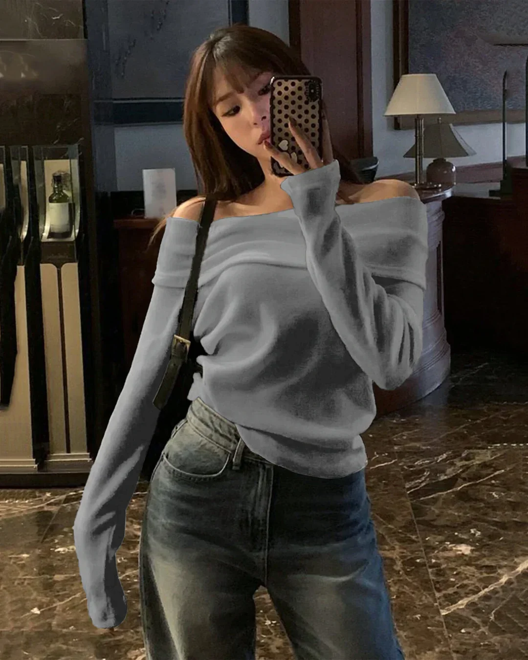 Solid Color Open Shoulder Off-Shoulder Knit Top in Black Melange - Image 2