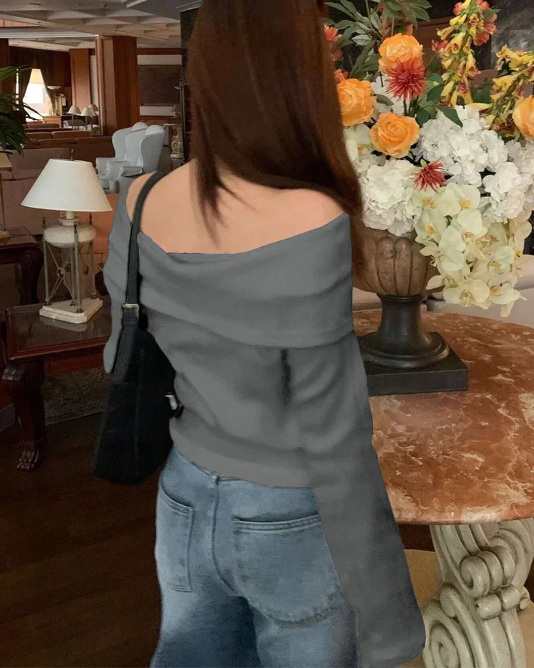 Solid Color Open Shoulder Off-Shoulder Knit Top in Black Melange - Image 3