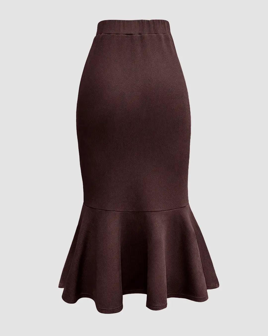 Solid Color Pleated Mermaid Chocolate Brown Skirt - Image 2