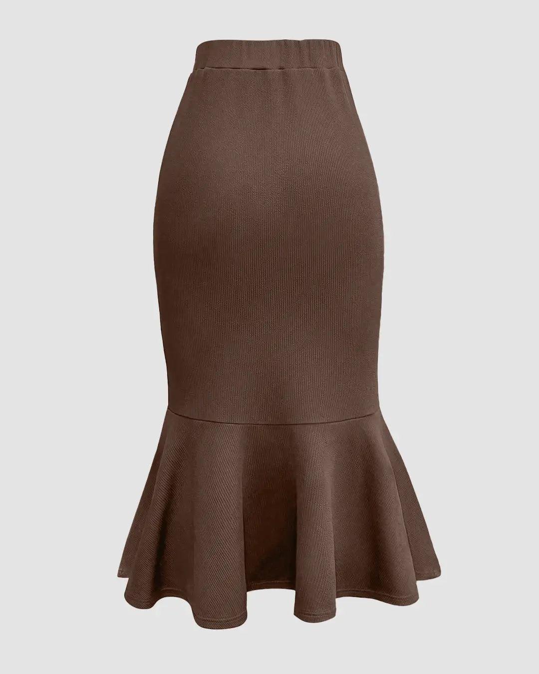 Solid Color Pleated Mermaid Long Brown Skirt - Image 2
