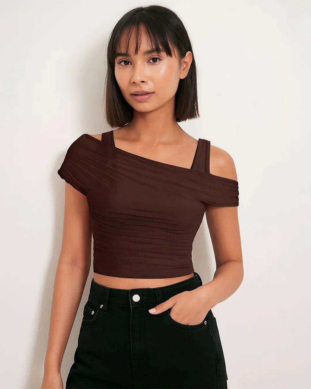 Solid Color Puff Sleeve Mesh Top In Coco Brown - Image 2