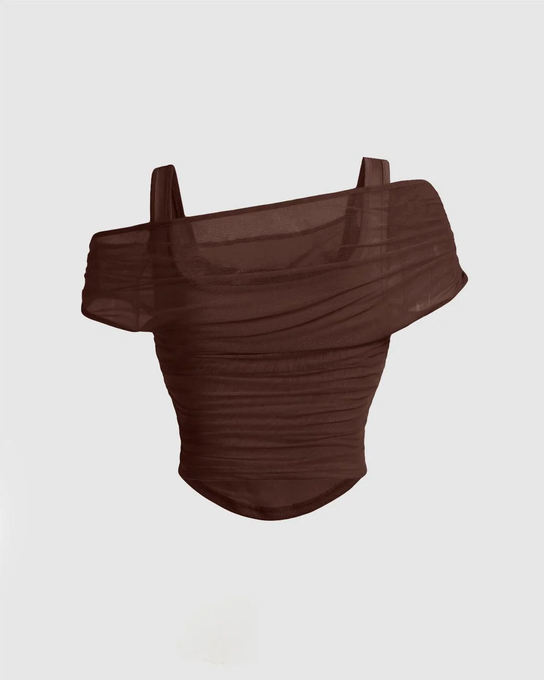Solid Color Puff Sleeve Mesh Top In Coco Brown - Image 3