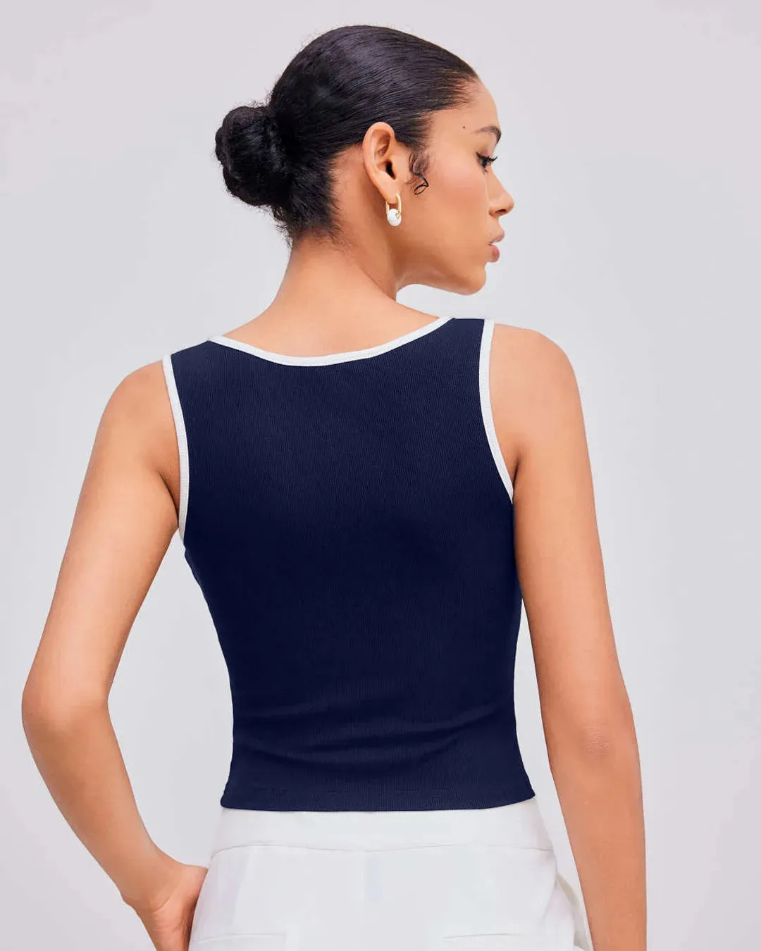 Solid Color Round Neck Ribbed Tank Top In Navy Blue - Image 4