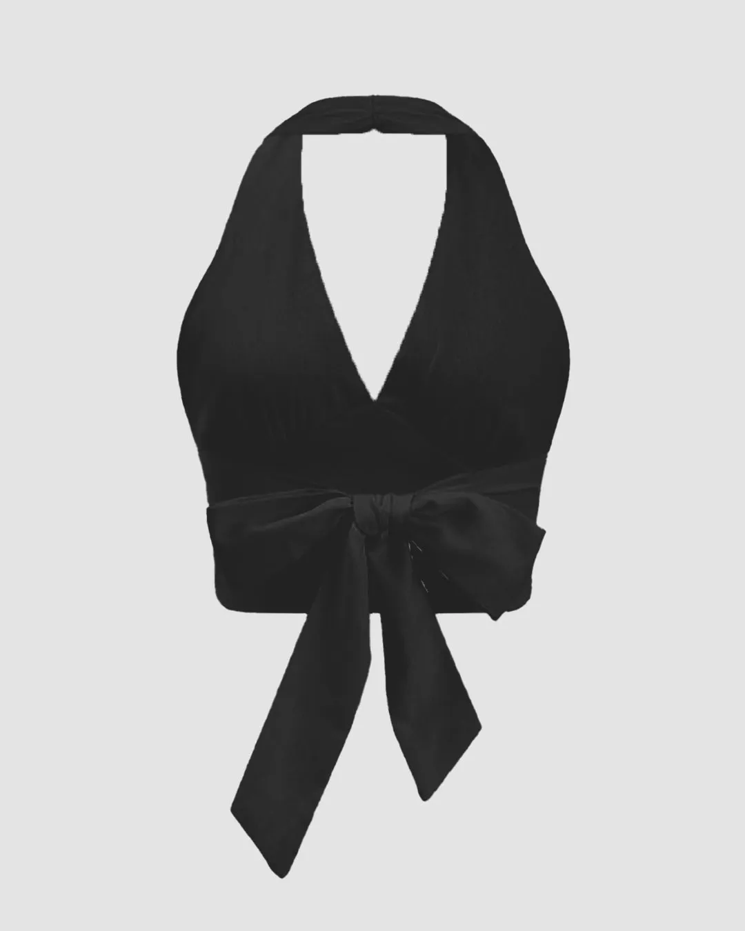 Solid Color Ruched Halter Neck Tie-Back Crop Top In Black - Image 2