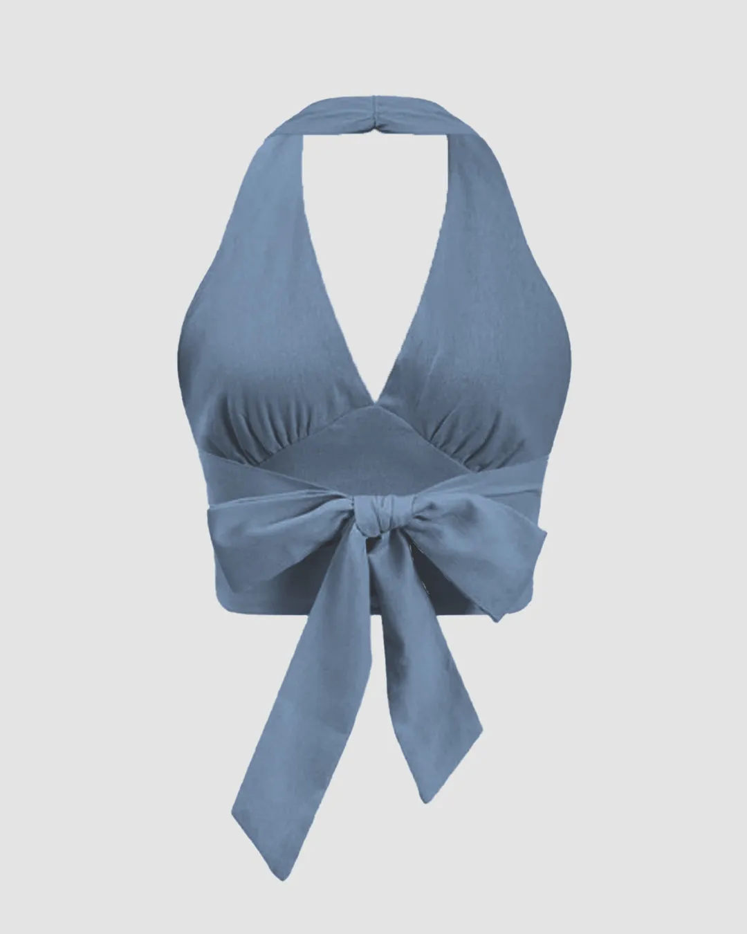 Solid Color Ruched Halter Neck Tie-Back Crop Top In French Blue - Image 2
