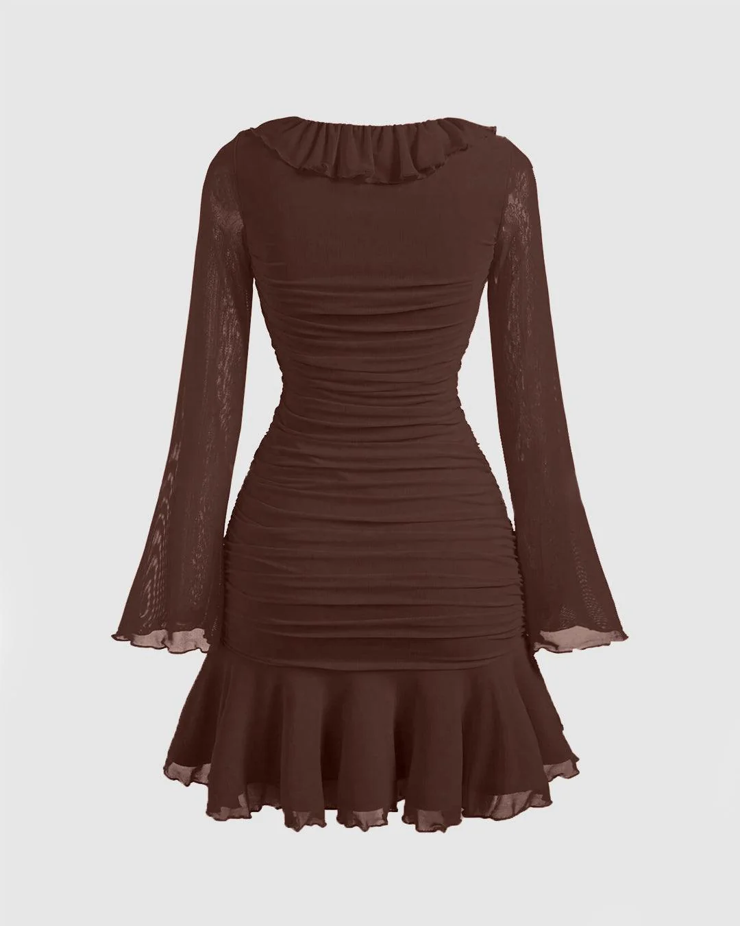 Brown Ruffle Hem Mini Dress with Long Sleeves - Image 3