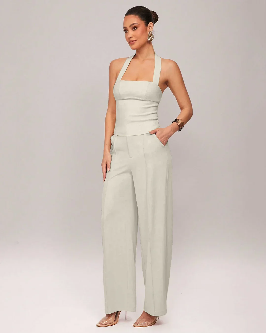 Solid Color Slim Fit Halter Neck Crop Top in Beige - Image 2