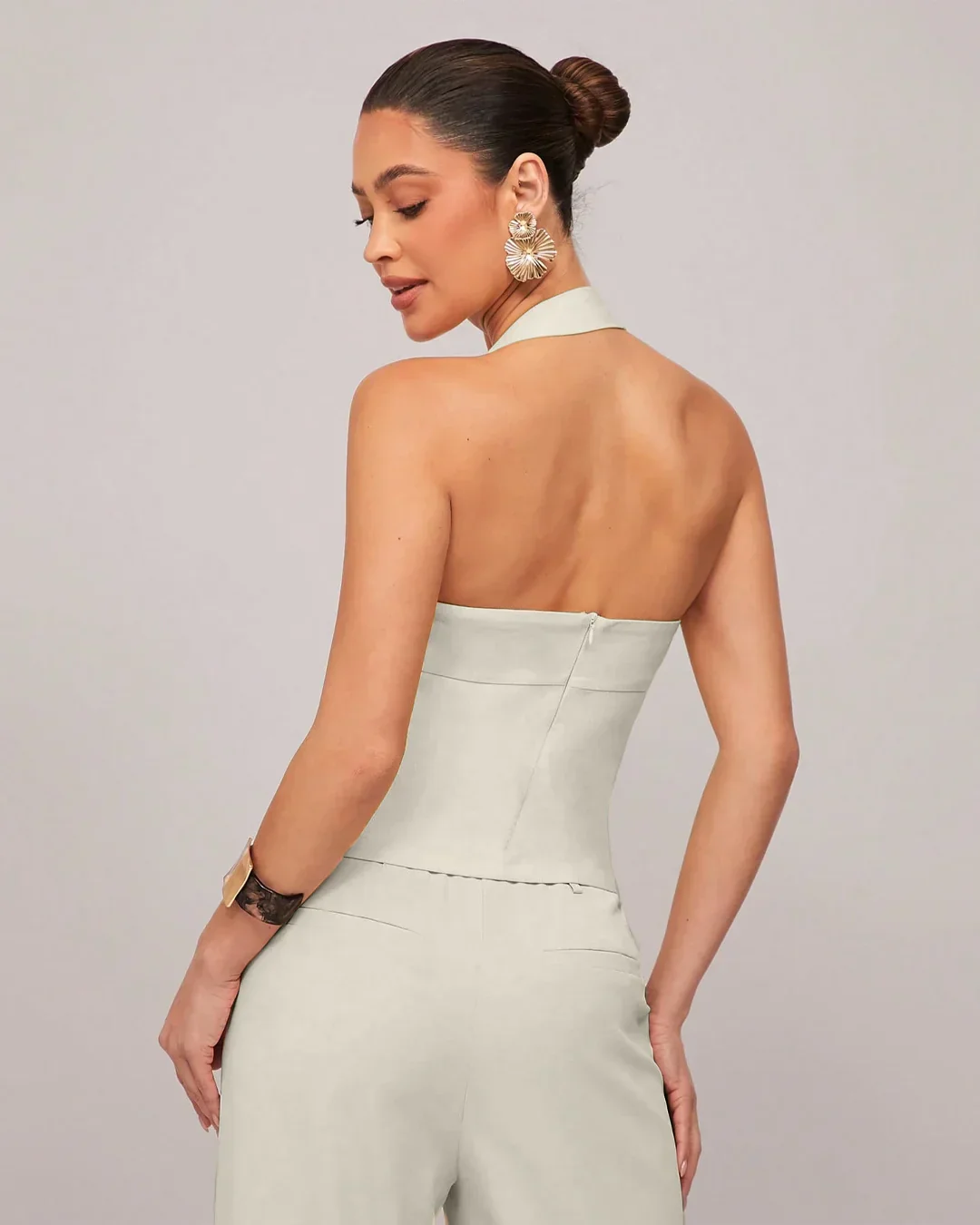 Solid Color Slim Fit Halter Neck Crop Top in Beige - Image 3