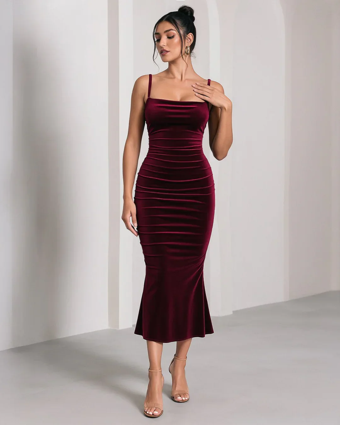 Solid Color Spaghetti Strap Ruched Mermaid Dress - Image 2
