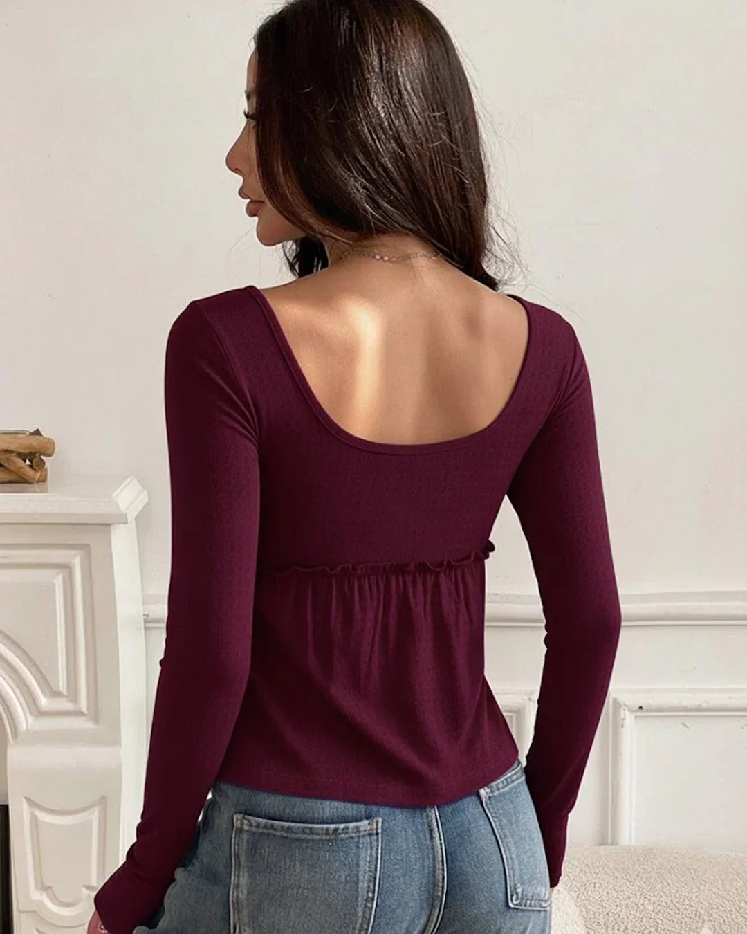 Solid Color Square Neck Long Sleeve Ruffle Hem Top in Maroon - Image 2