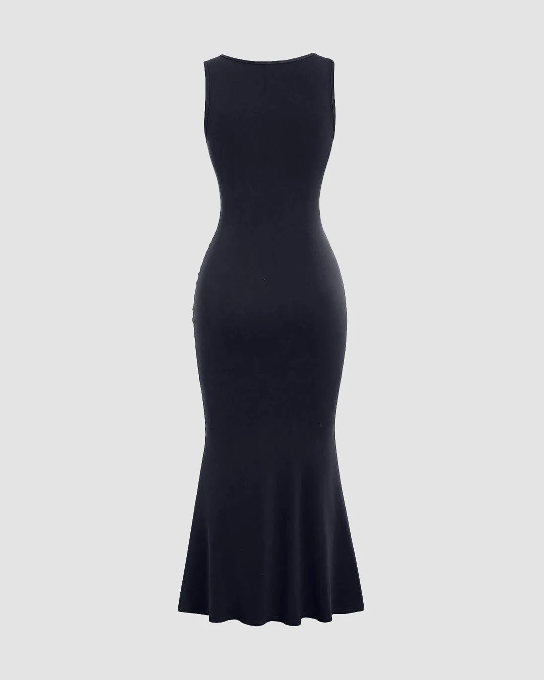 Solid Color Square Neckline Pleated Waist & Sleeveless Dark Navy Dress - Image 2