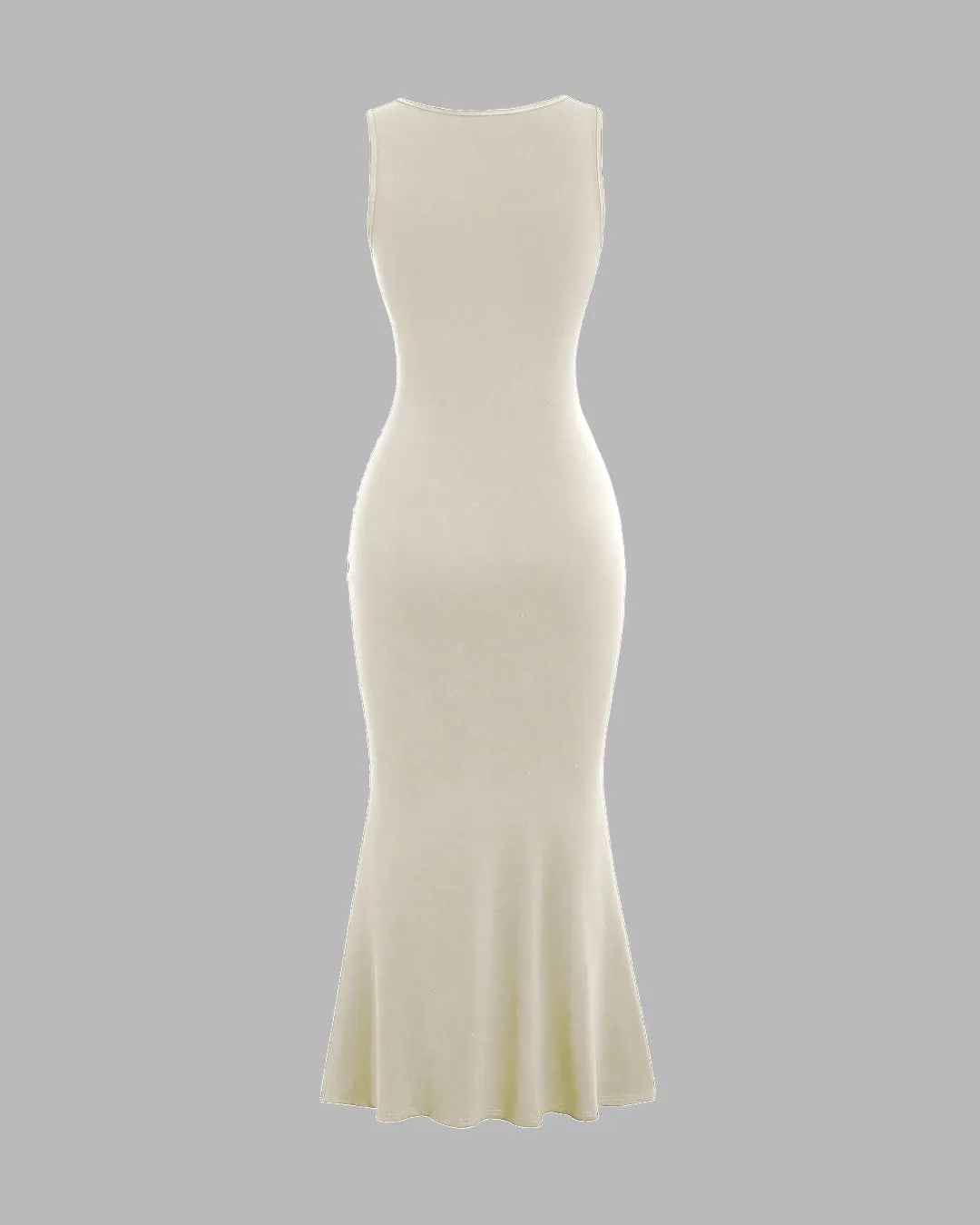 Solid Color Square Neckline Pleated Waist & Sleeveless Off-white Dress - Image 2