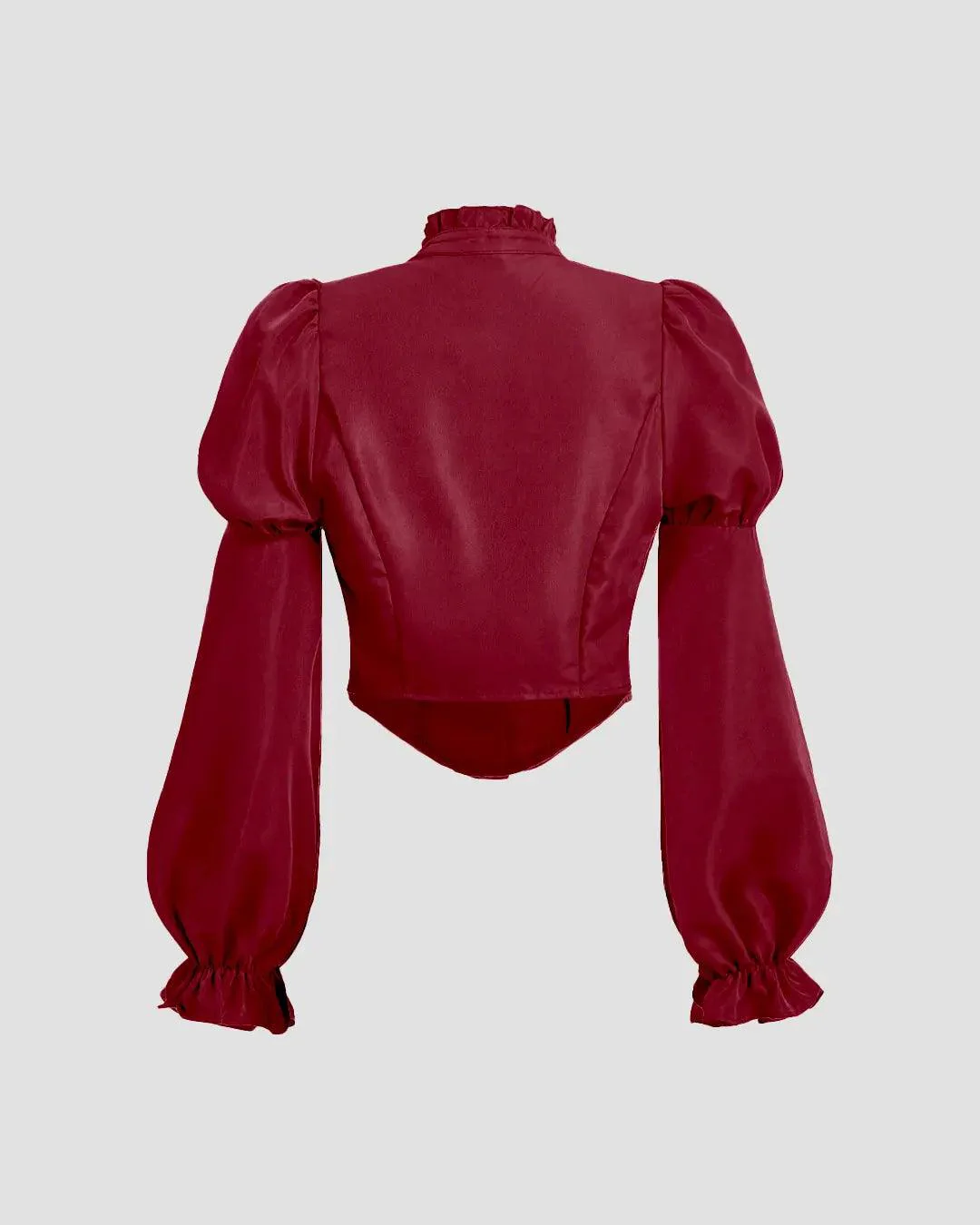 Solid Color Stand Collar Lantern Sleeve Top In Redberry - Image 2