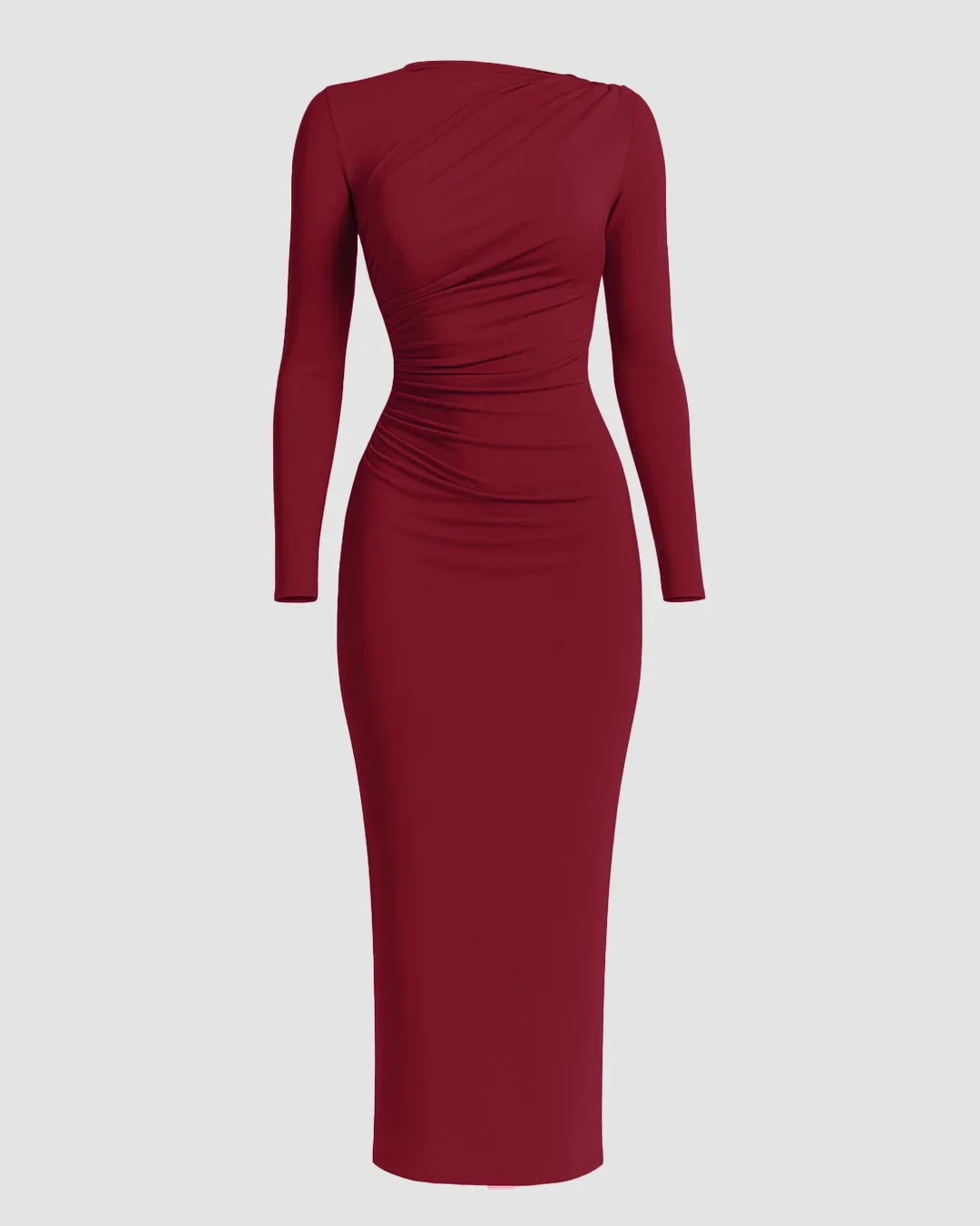 Solid Color Stand Collar Long Sleeve Pleated Bodycon Dress In Redberry - Image 2