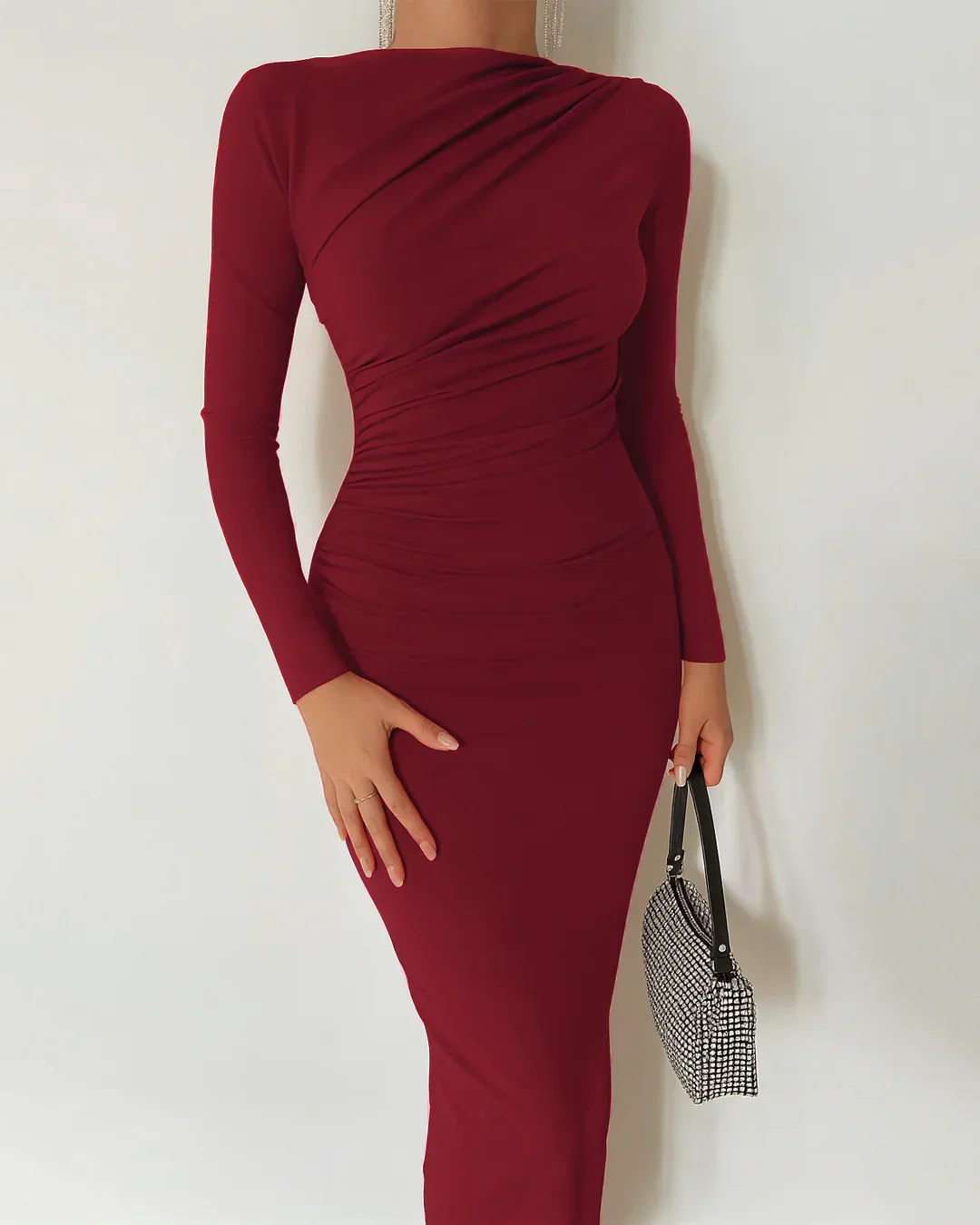 Solid Color Stand Collar Long Sleeve Pleated Bodycon Dress In Redberry - Image 3